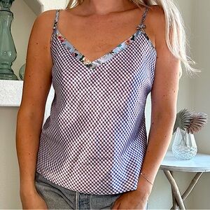Y2K Cruz patterned satin cami with gingham bodice and floral adjustable straps